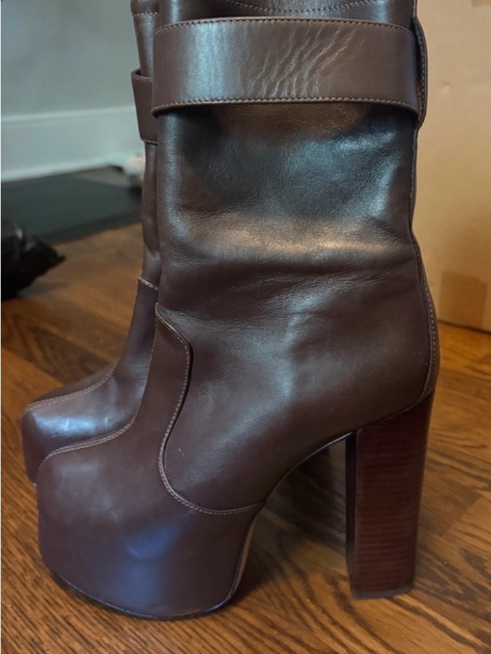Schutz Brown Leather Platform Buckle Ankle Booties Size 7.5